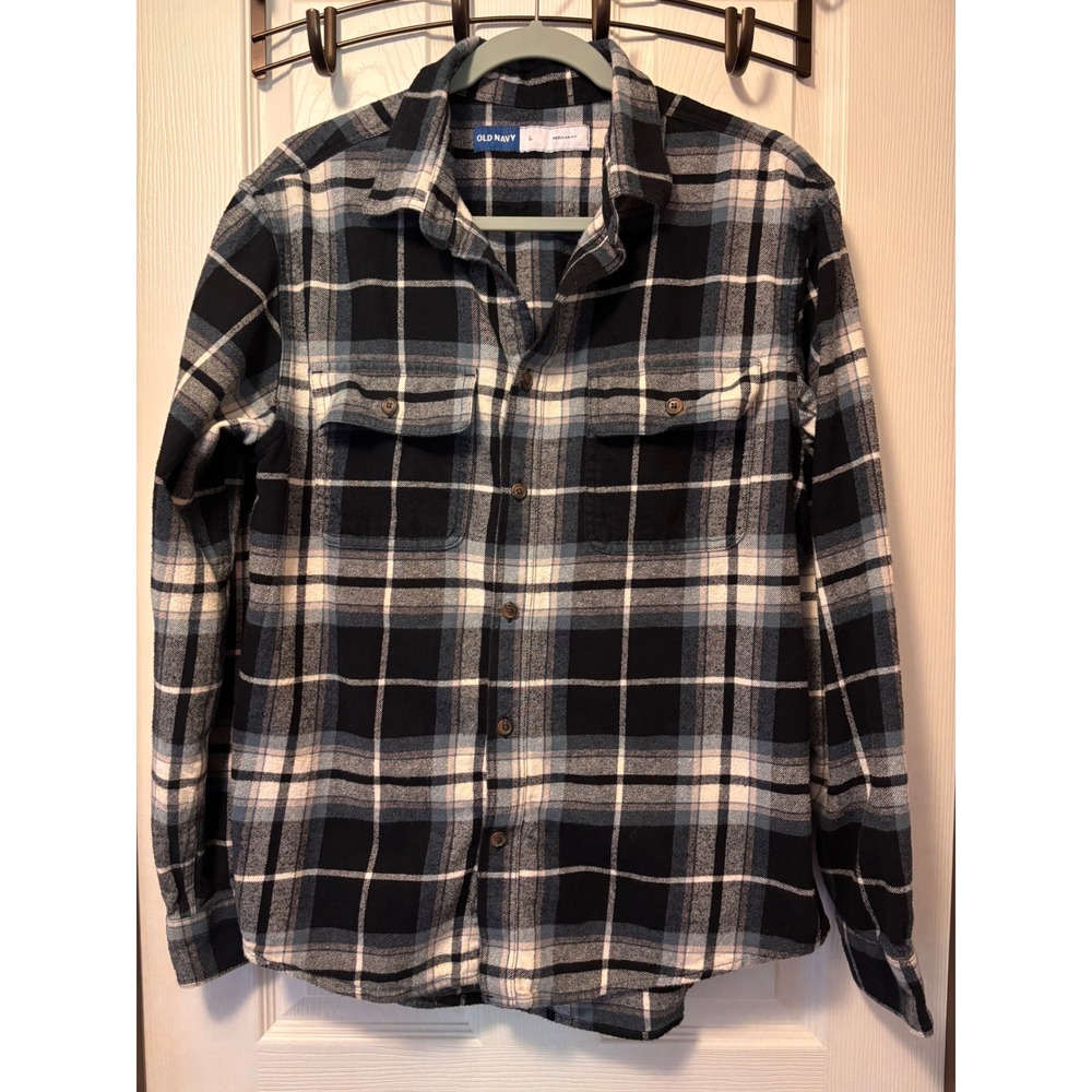 Old Navy Mens Large Regular Fit Flannel Shirt Blue Black Plaid Cotton Button Up